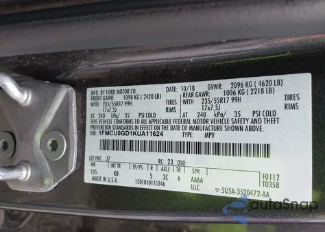 2019 Ford Escape Se z USA, uszkodzony, nr VIN 1FMCU0GD1KUA11624